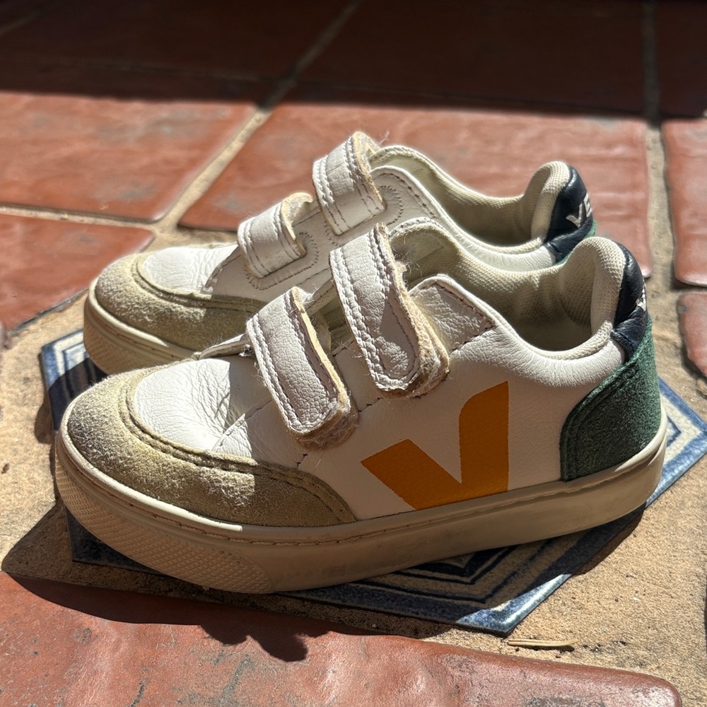 Veja Kids White Sneakers with Yellow V and Green Heel Tab